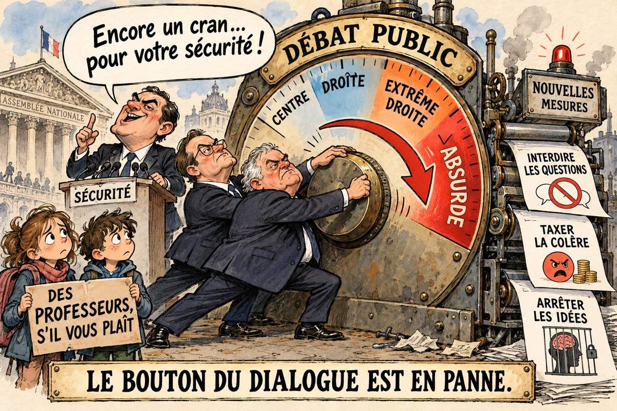 Satirical cartoon: ministers turn a political dial ever further right as a machine prints absurd policies, while pupils ask for teachers.